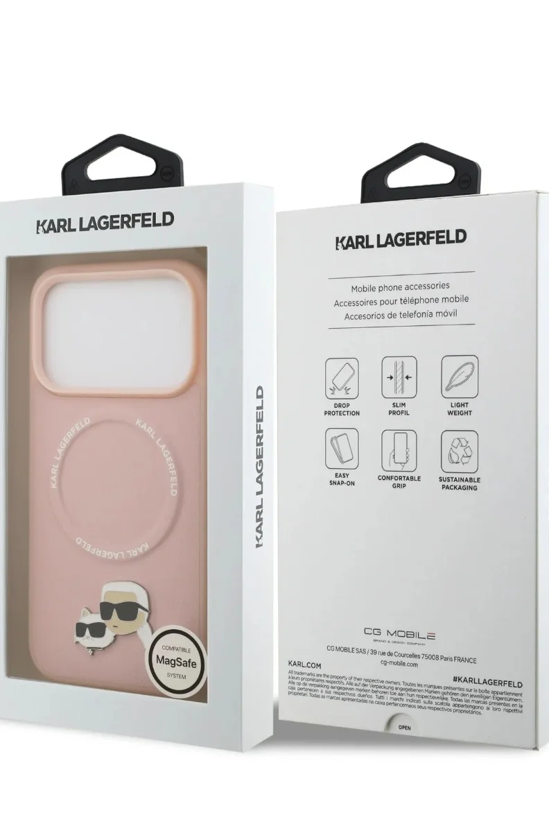 Karl Lagerfeld iPhone 17 Pro MagSafe Case / PU Leather Case With Karl & Choupette Head Pins - Pink