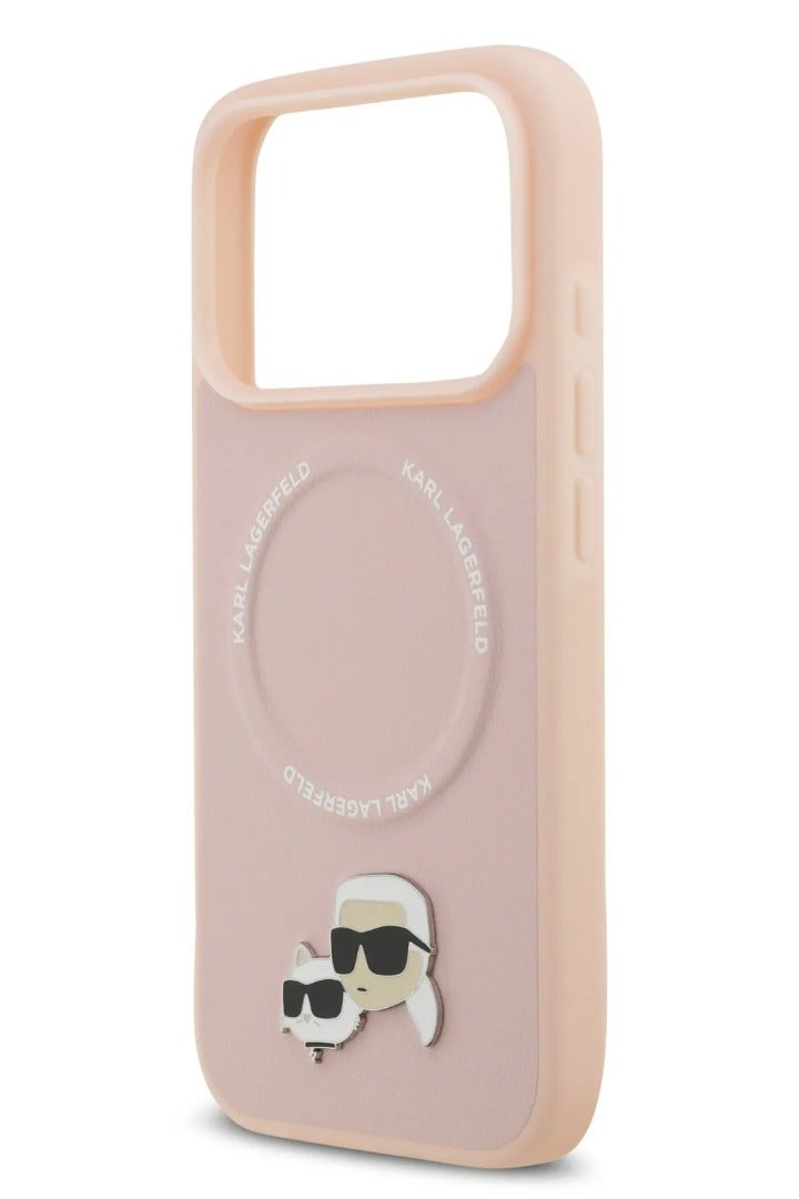 كارل لاغرفيلد جراب آيفون  برو ماج سيف بجلد البولي يوريثين مع دبابيس رأس كارل وشوبيت - وردي - Image 2