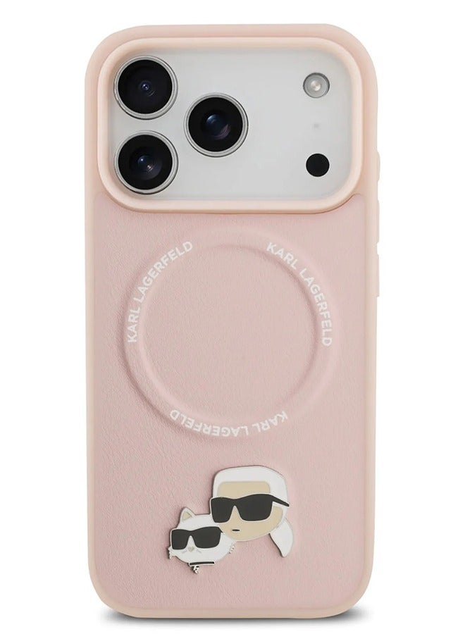 كارل لاغرفيلد جراب آيفون  برو ماج سيف بجلد البولي يوريثين مع دبابيس رأس كارل وشوبيت - وردي - Image 1