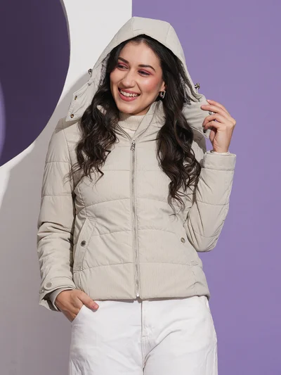جلو باص Women Mock Neck Front Pockets Winter Wear Insulator Puffer Jacket With Detachable Hood