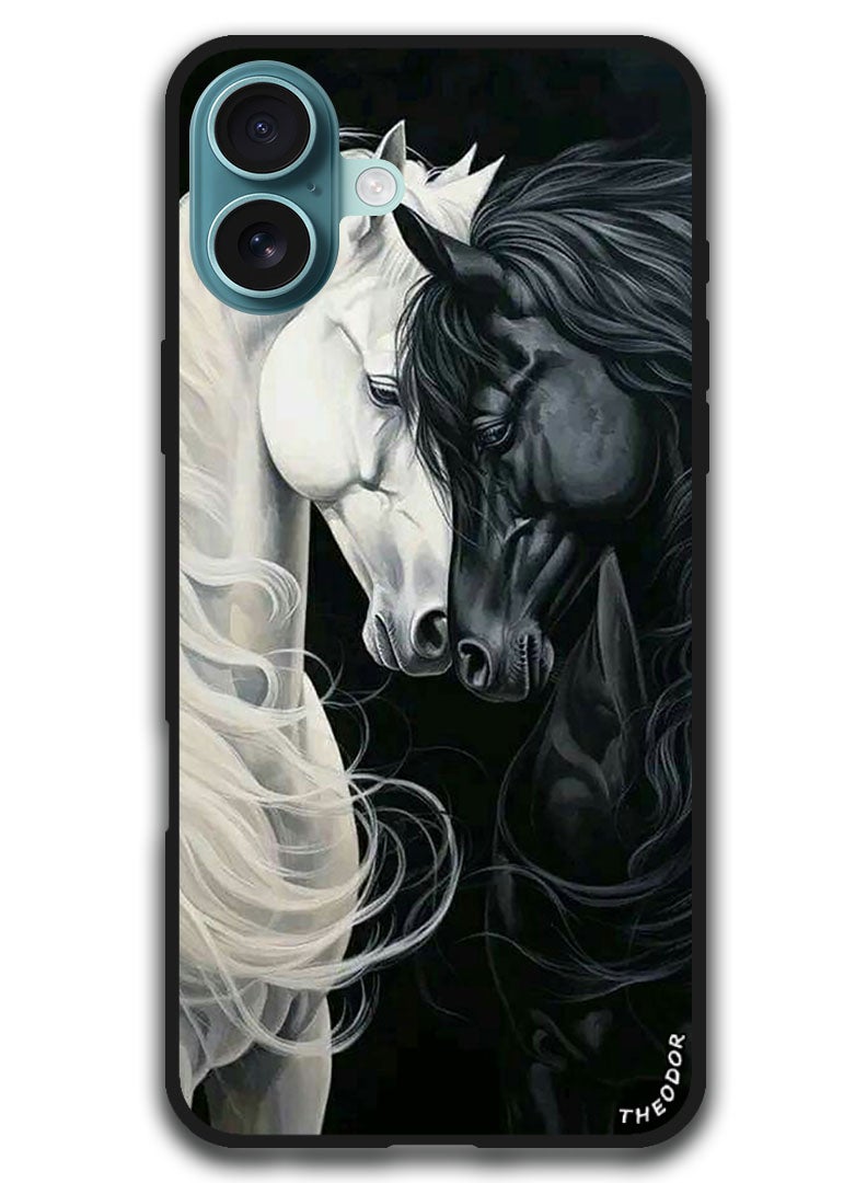 Theodor Protective Case Anti Scratch Shock Proof Bumper Cover For iPhone 16 (6.1)-inch Black and White Horse - Image 1