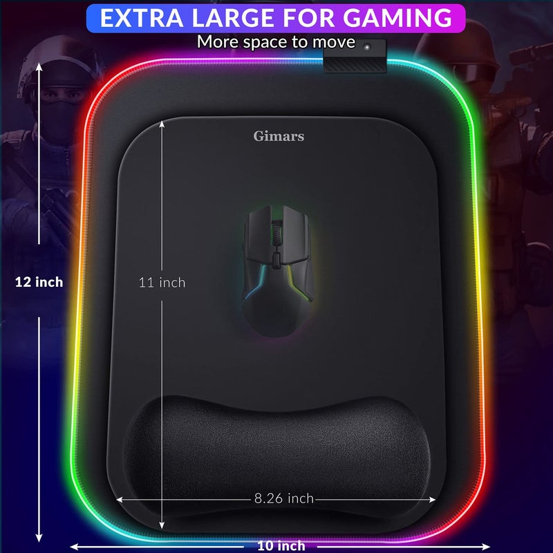Gimars RGB Mouse Pad with Wrist Rest Support,12 x 10 inch Extra Large Ergonomic Gaming Mouse Pad with 10 LED Lighting Modes, Non-Slip Rubber Base, Lycra Fabric for Laptop, Computer, PC Gaming & Office - Image 2