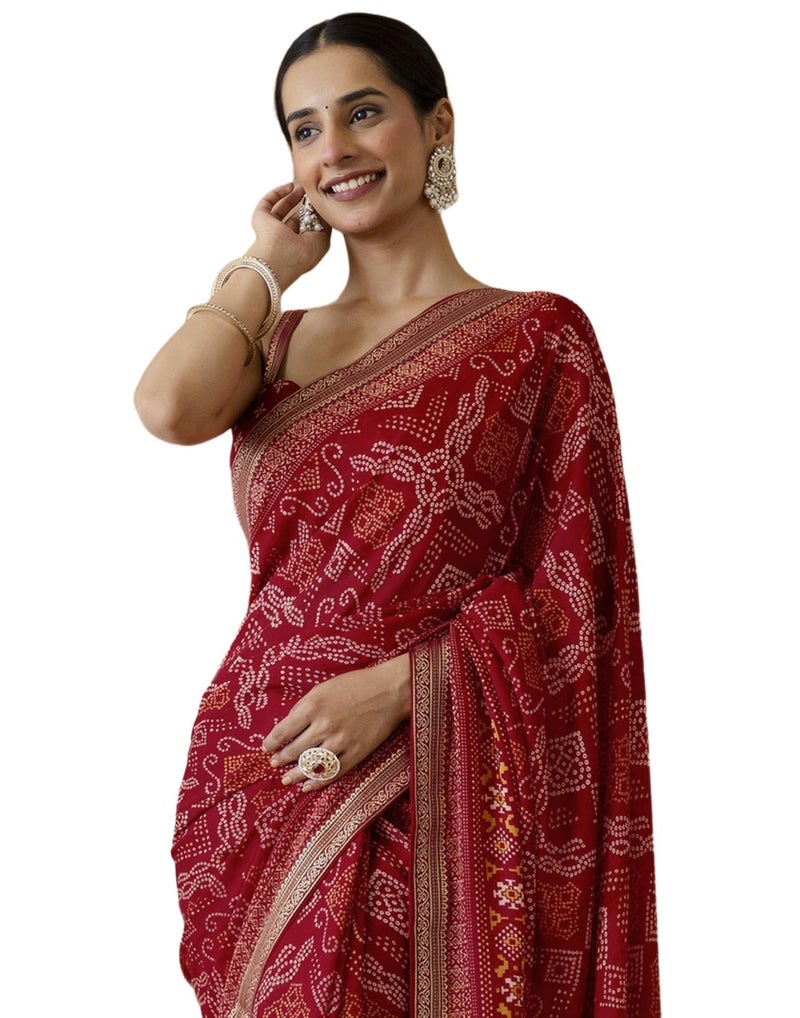 SIRIL Women's Georgette Bandhani Printed Saree with Unstitched Blouse Piece (4539S393_Red) - Image 1