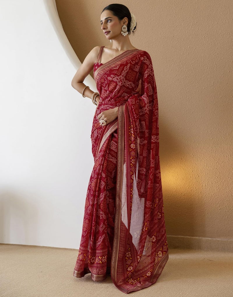 SIRIL Women's Georgette Bandhani Printed Saree with Unstitched Blouse Piece (4539S393_Red) - Image 2