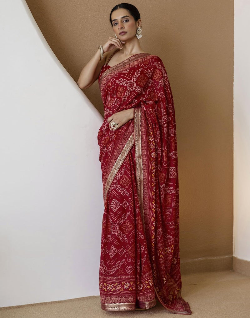 SIRIL Women's Georgette Bandhani Printed Saree with Unstitched Blouse Piece (4539S393_Red) - Image 5