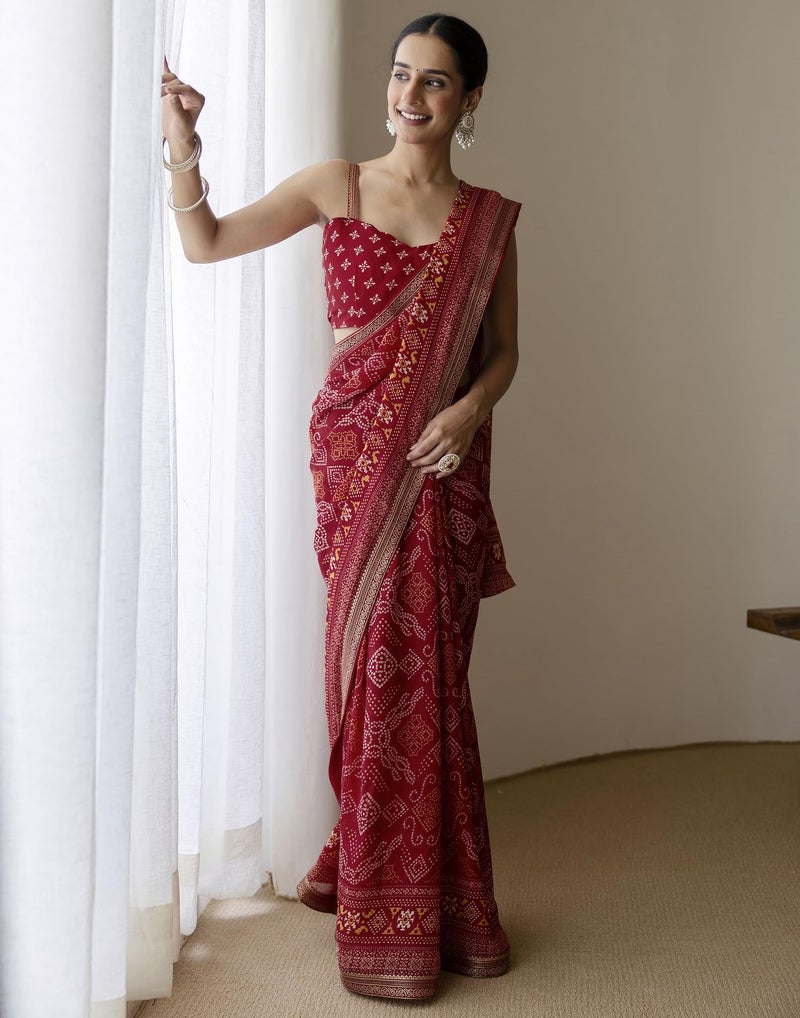 SIRIL Women's Georgette Bandhani Printed Saree with Unstitched Blouse Piece (4539S393_Red) - Image 3