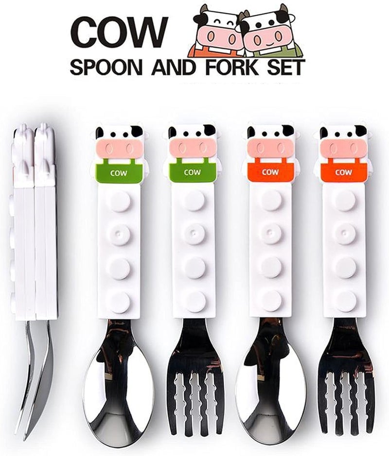 SANGOZ Childrens Stainless Steel Fork and Spoon Safe Cutlery Set Cute Building Block CowShaped Grip Multicolor Pack of 1 - Image 2