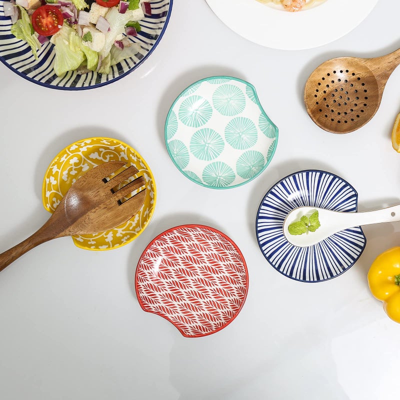 Selamica Ceramic Spoon Rest for Stove Top, 4.6 Inch Cooking Spoon Holder for Kitchen Counter, Stackable Utensil Rest Holder for Spatula Ladles Tong, Set of 4, Assorted Colors - Image 3