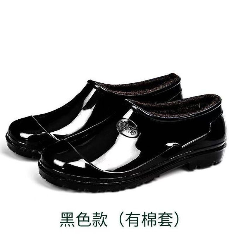 Mens Low-Cut Rain Boots Warm Velvet Non-Slip Waterproof Low-side all black bottom (plus cotton)