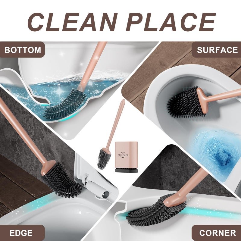 Sellemer Toilet Brush and Holder Set - Flexible Toilet Bowl Brush Head with Silicone Bristles, Compact Size for Storage and Organization, Ventilation Slots Base (1 Pack, Rose Gold) - Image 2