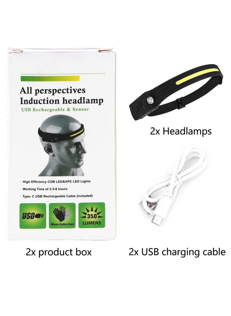 Generic - 2 Pcs USB Rechargeable Headlamp with All Perspectives Induction 230° Illumination, 5 Modes Motion Sensor Headlamp Flashlight, Outdoor Waterproof Headlight for Running, Fishing, Camping - Image 1