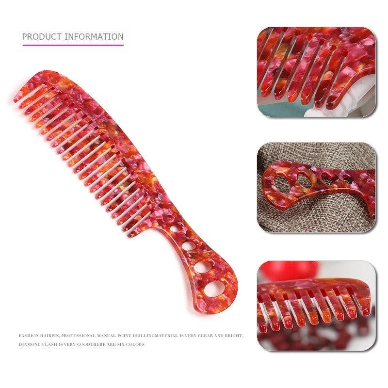 Bluejw Fashion 4-Holes Long Handle Hairbrush, Hollow Design Acetate Comb, 13cm Handmade Portable Comb for Women - Image 4
