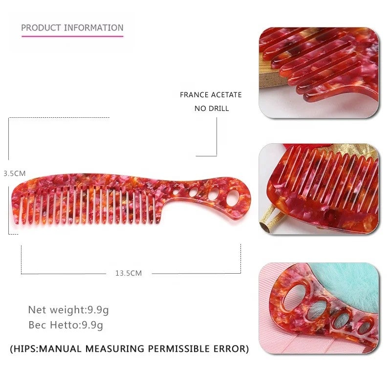 Bluejw Fashion 4-Holes Long Handle Hairbrush, Hollow Design Acetate Comb, 13cm Handmade Portable Comb for Women - Image 3