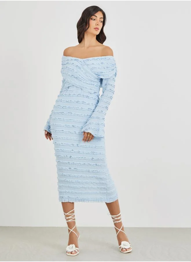 ستايلي Styli Solid Ruffle Trim Off Shoulder Neck Sheath Midi Dress