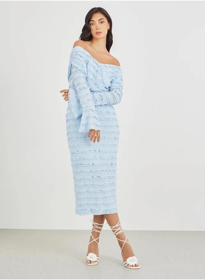 ستايلي Styli Solid Ruffle Trim Off Shoulder Neck Sheath Midi Dress