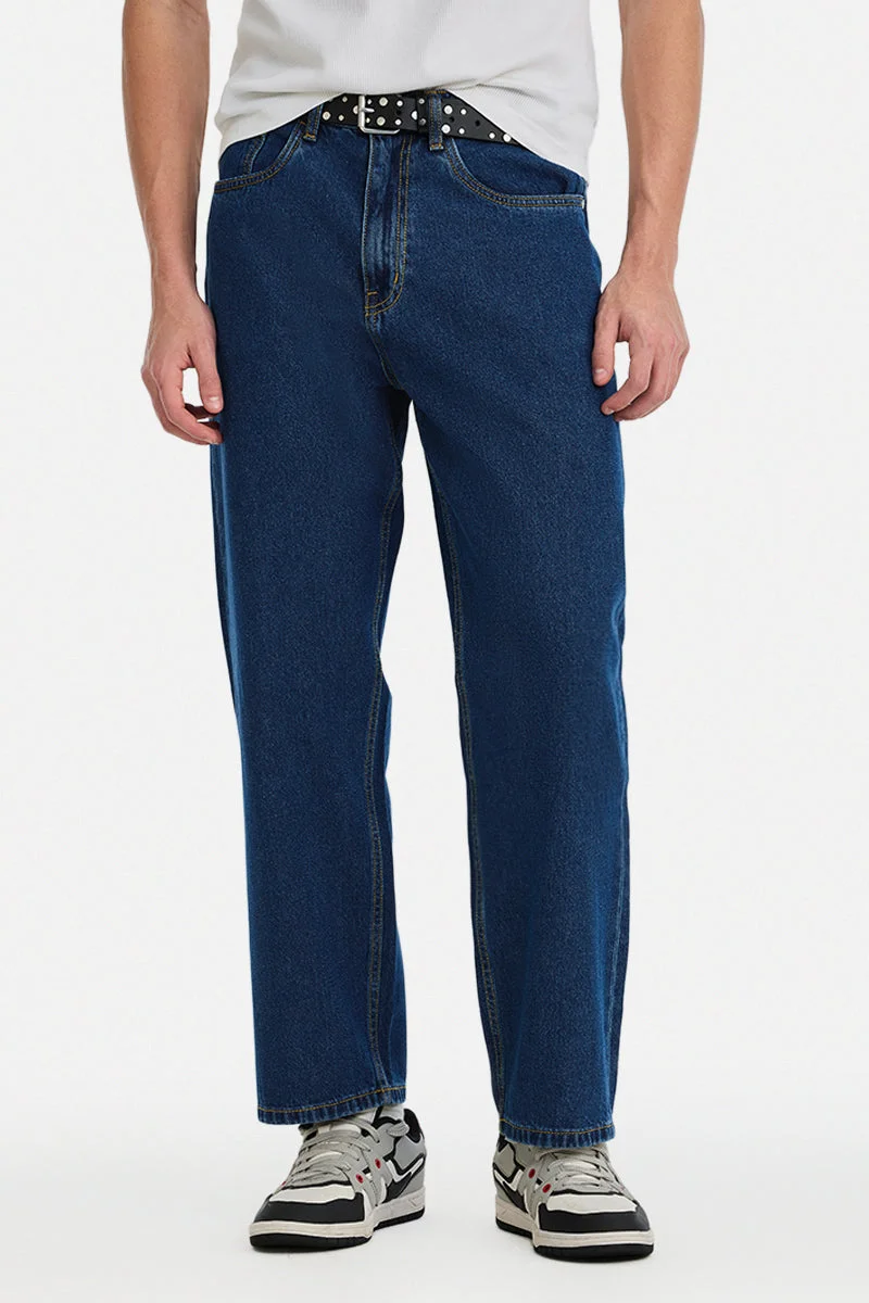 سنيتش Dark Blue Solid Wide Leg Casual Jeans