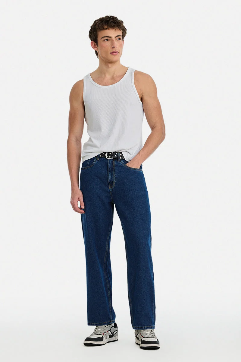 سنيتش Dark Blue Solid Wide Leg Casual Jeans
