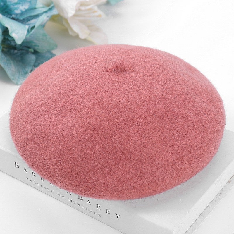 Vintage Wool Beret Autumn Winter Artistic Solid Color Cap Skin red