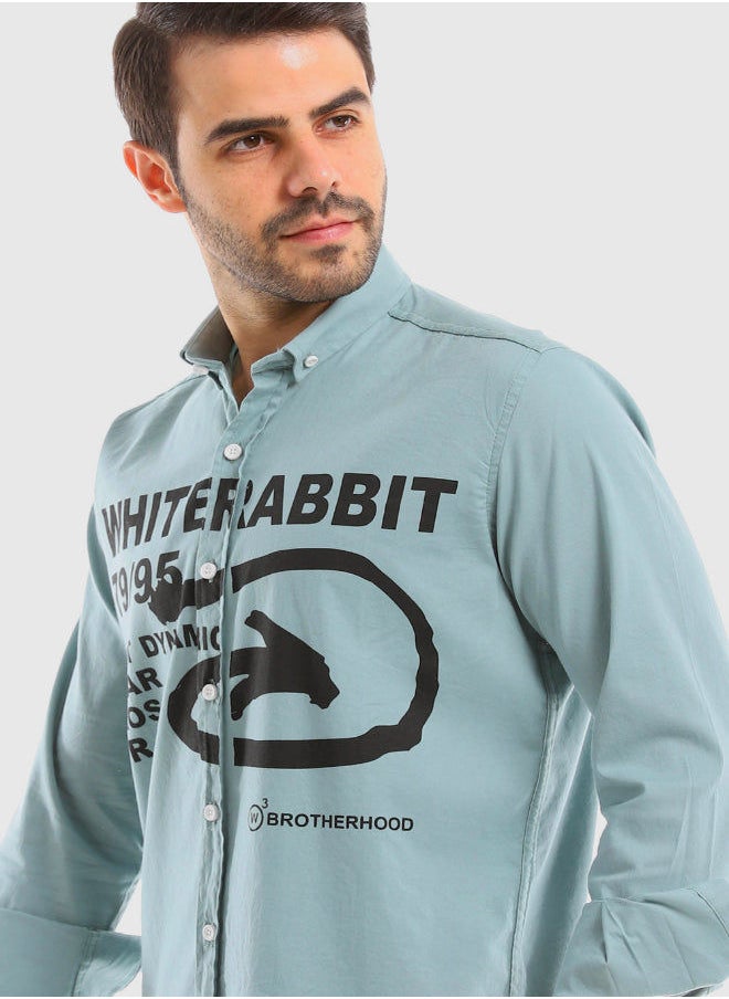 WHITE RABBIT - Turn Down Collar Long Sleeves Printed Shirt - Dark Mint Green - Image 1