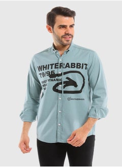 Turn Down Collar Long Sleeves Printed Shirt - Dark Mint Green