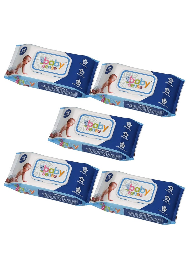 بيبي سينس مناديل مبللة قطنية للأطفال من بيبي سينس مع غطاء، بيضاء قياسية (عبوة من 5 قطع، 80 في كل واحدة) - Image 1