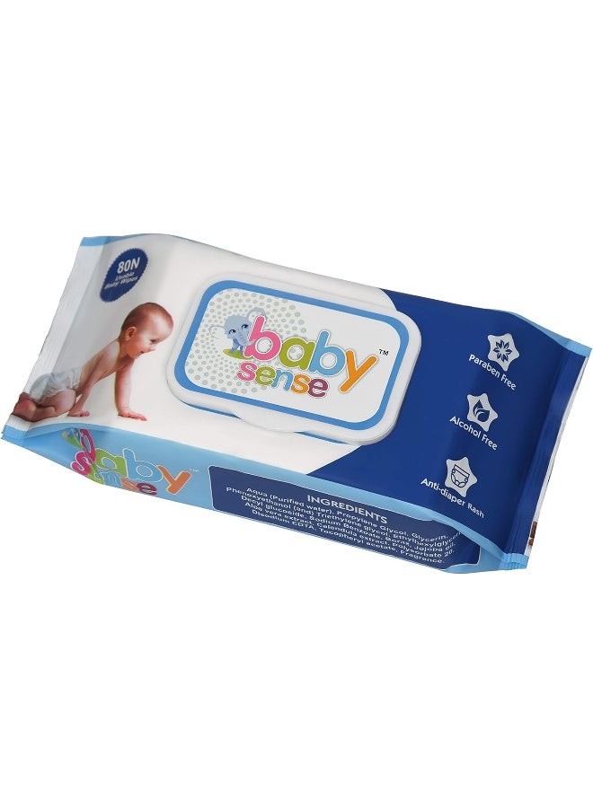بيبي سينس مناديل مبللة قطنية للأطفال من بيبي سينس مع غطاء، بيضاء قياسية (عبوة من 5 قطع، 80 في كل واحدة) - Image 2