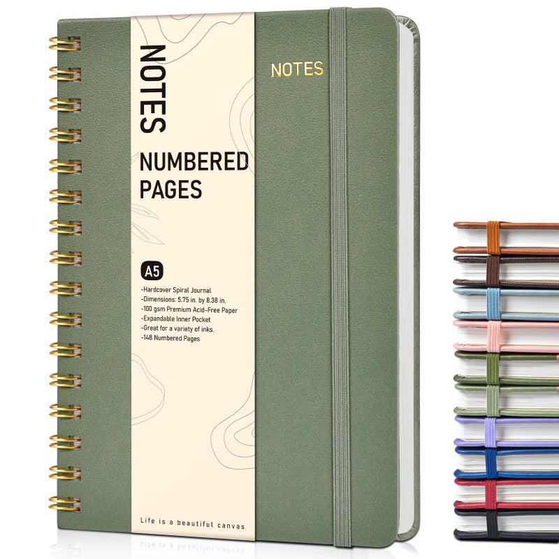 PAPEJOON Lined Spiral Journal Notebook, A5 Hardcover Spiral Journals for Women Men, 150 Numbered Pages Spiral Bound Notebook, 100 GSM College Ruled Notebooks for Writing Note Taking 5.75" x 8.38", Sage Green - Image 1