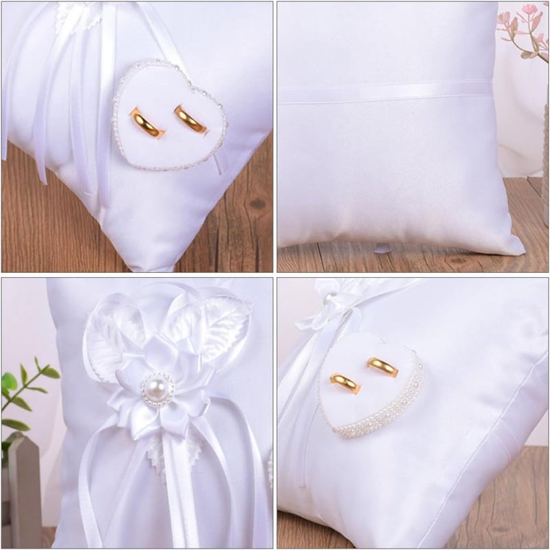Yardwe White Square Floral Ring Pillow Heart-Shaped Wedding Ring Ceremony Supplies - Image 4