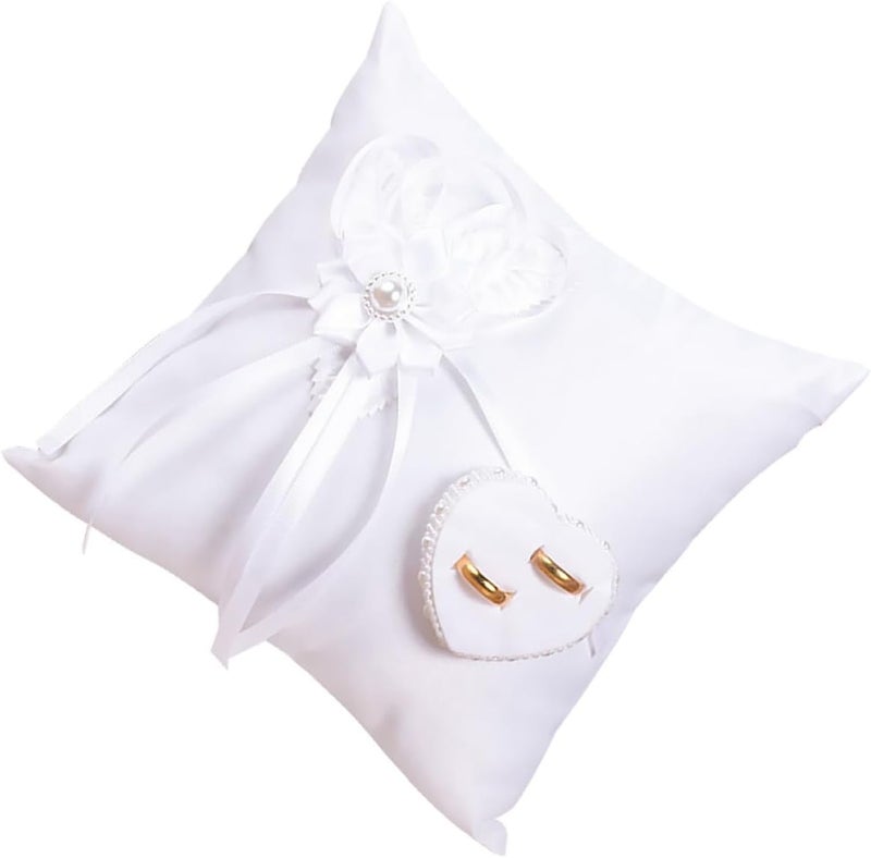 Yardwe White Square Floral Ring Pillow Heart-Shaped Wedding Ring Ceremony Supplies - Image 1