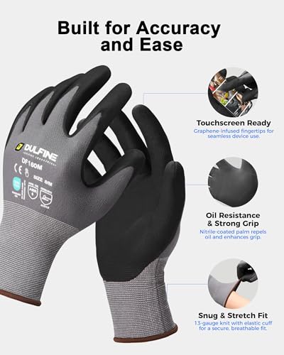 DULFINE Safety Work Gloves MicroFoam Nitrile Coated-12 Pairs Pack,Seamless Knit Nylon Glove with Black Micro-Foam Nitrile Grip,Ideal for General Purpose,Automotive,Home Improvement,Painting(Large) - Image 2