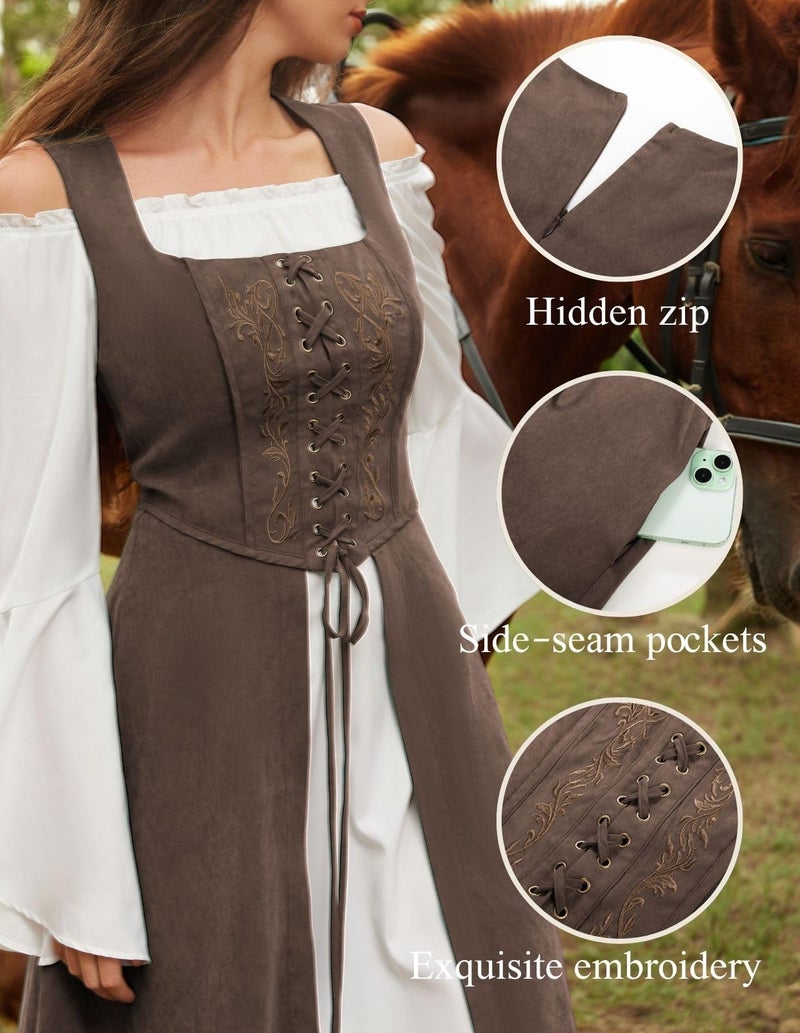 Scarlet Darkness Pirate Costume Women Renaissance Lace Up Overdress Cottagecore Peasant Dress Brown XL - Image 2