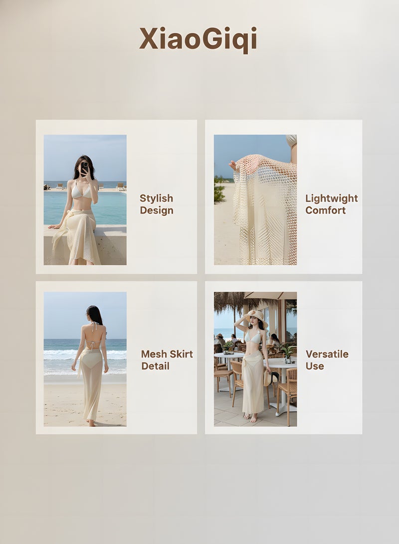 XiaoGiqi 3 Pieces Off White Halter Triangle Bikini Set, Padded Swimsuit with Hollow Mesh Long Wrap Skirt, Women Sweet Romantic Bathing Suit for Beach Pool Resort Photoshoot - Image 2