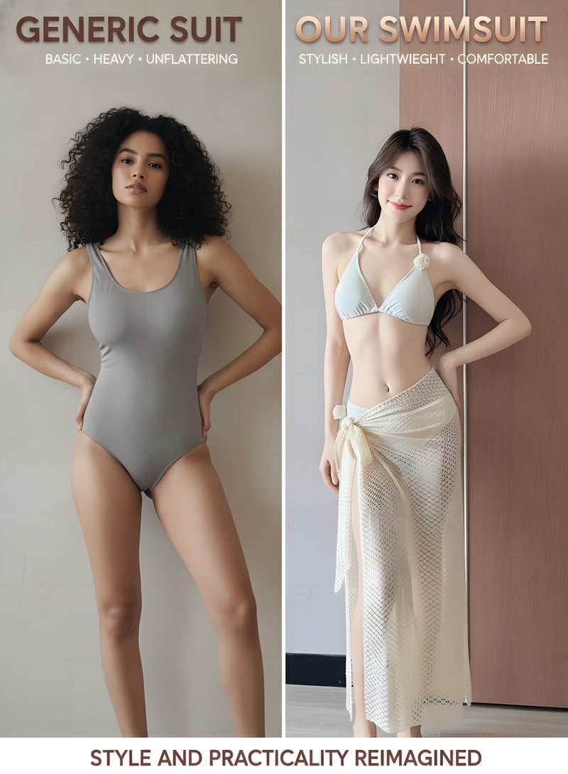 XiaoGiqi 3 Pieces Off White Halter Triangle Bikini Set, Padded Swimsuit with Hollow Mesh Long Wrap Skirt, Women Sweet Romantic Bathing Suit for Beach Pool Resort Photoshoot - Image 4