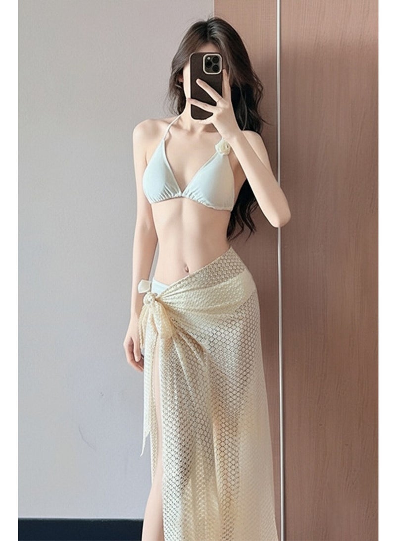 XiaoGiqi 3 Pieces Off White Halter Triangle Bikini Set, Padded Swimsuit with Hollow Mesh Long Wrap Skirt, Women Sweet Romantic Bathing Suit for Beach Pool Resort Photoshoot - Image 1