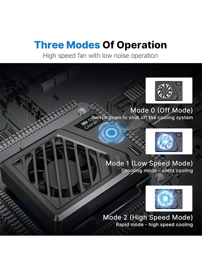 ULANZI Camera Cooling Fan Black New, Spring Telescopic Mounting Adjustable Mini Intelligent Cooling Fan Real-time Monitoring with Type-C Charging Port, Compatible with Sony Canon FUJIFILM Nikon