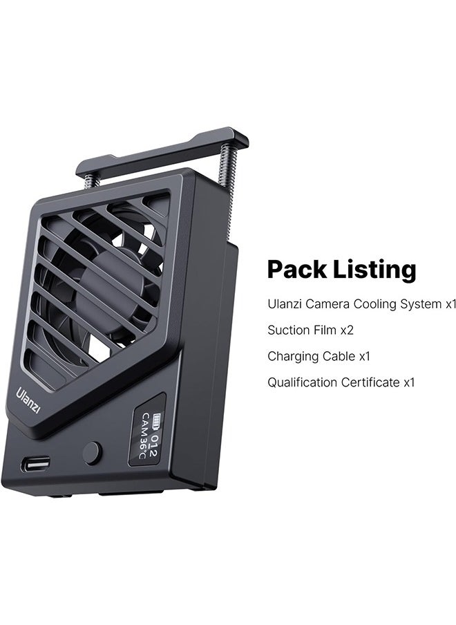 ULANZI Camera Cooling Fan Black New, Spring Telescopic Mounting Adjustable Mini Intelligent Cooling Fan Real-time Monitoring with Type-C Charging Port, Compatible with Sony Canon FUJIFILM Nikon