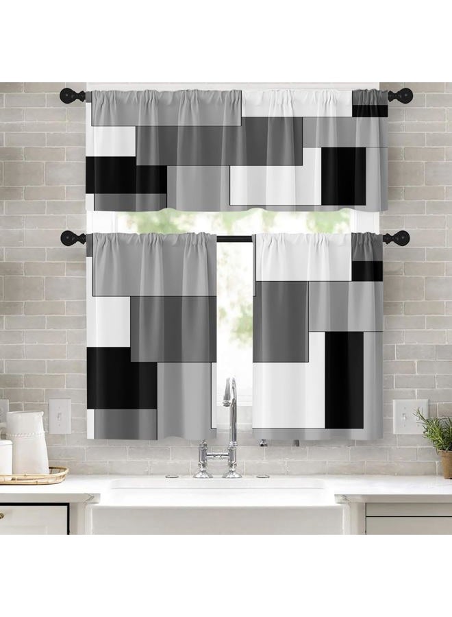 Tayney Black Grey Kitchen Window Curtains Valance and Tier Set, Dark Grey White Modern Rod Pocket Short Tier Curtain, Abstract Small Cafe Drapes for Kitchen Decor 52" x 24" - Image 1