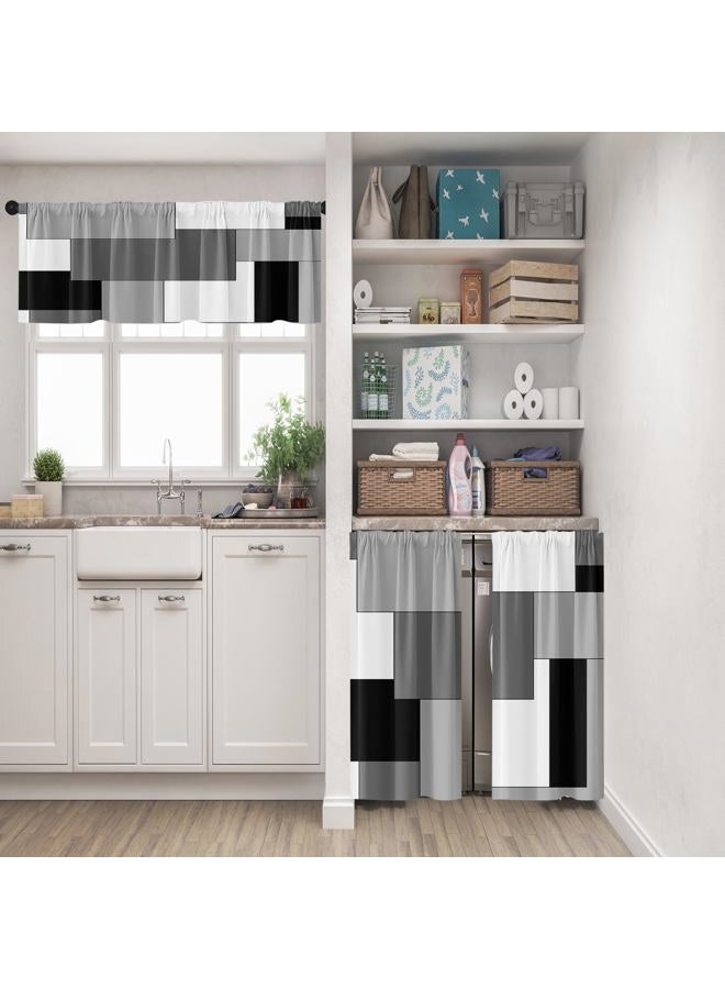 Tayney Black Grey Kitchen Window Curtains Valance and Tier Set, Dark Grey White Modern Rod Pocket Short Tier Curtain, Abstract Small Cafe Drapes for Kitchen Decor 52" x 24" - Image 2