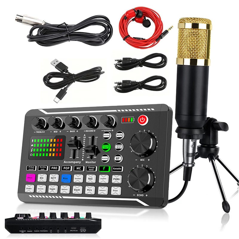 حزمة ميكروفون بودكاست: مكسر F998 مع ميكروفون BM-800 ذهبي وجراب - حزمة كرت صوت لبث مباشر عبر منصات متعددة مع تقليل الضوضاء بنقرة واحدة للبودكاست والبث المباشر والألعاب والأسطولات المنزلية - Image 1
