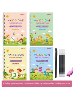 KASTWAVE Magic Practice Copybook for Kids, 4 Pcs Handwriting English Study Workbooks, Reusable Children's Calligraphy Letter Tracing Mathematical Practice Copybook with Magic Pen (1 Pen Shell + 5 Refills)  - Image 1