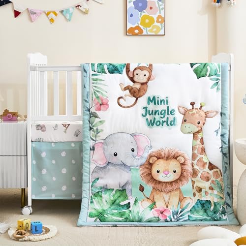 NacoMoco 3-Piece Crib Bedding Set for Boys Girls - Ultra Soft & Skin Friendly Baby Bedding Set Includes Crib Comforter, Sheet & Crib Skirt (Safari) - Image 1