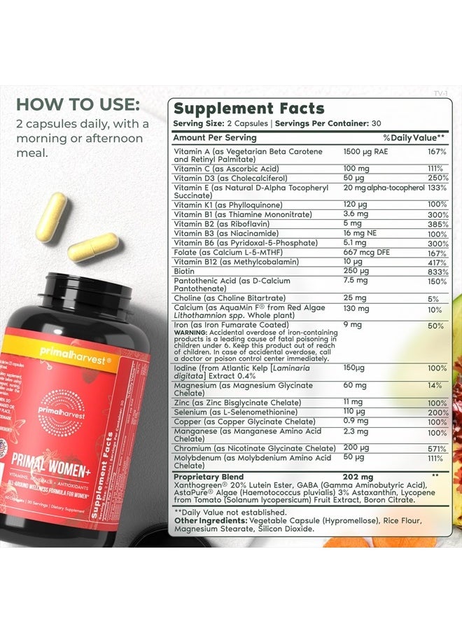 Primal Harvest - Multivitamin for Women Vitamin A, Vitamin C, Vitamin D and E, Vitamin B12, B6, Biotin, Zinc Supplements, 30 Capsules (Womens 1 Pack) (Womens+ 60 Capsules) - Image 1