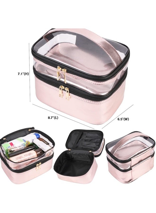 FITINI Makeup Bags Double Layer Travel Storage Cosmetic Cases Make up Organizer Toiletry Bags Water-resistant for Women Makeup Brush Bag,Pink  - Image 1