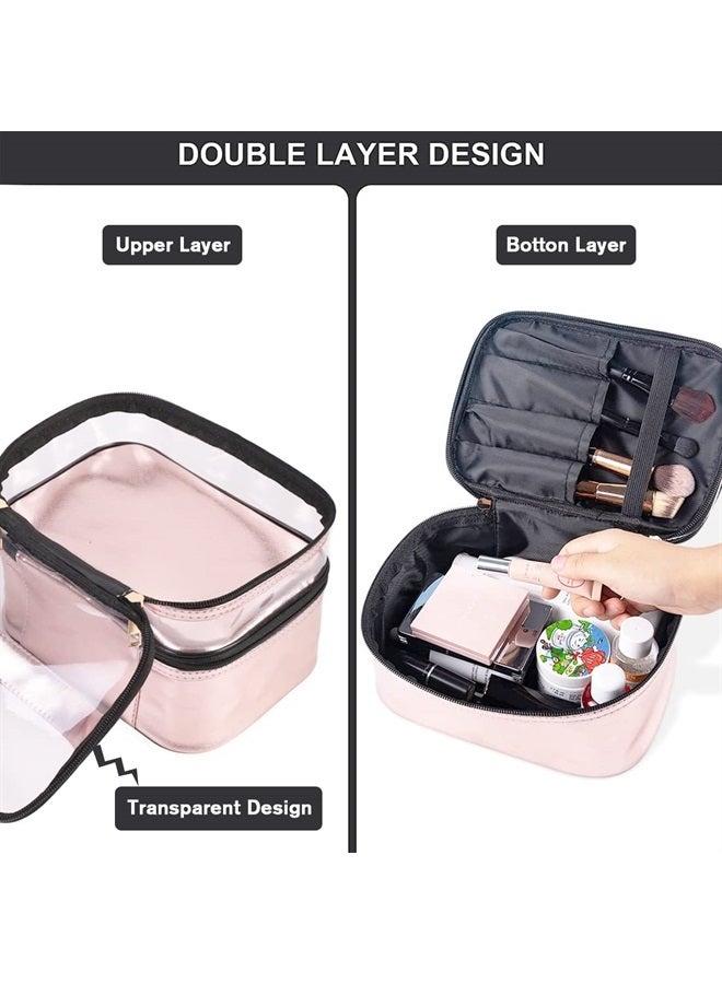 FITINI Makeup Bags Double Layer Travel Storage Cosmetic Cases Make up Organizer Toiletry Bags Water-resistant for Women Makeup Brush Bag,Pink  - Image 2