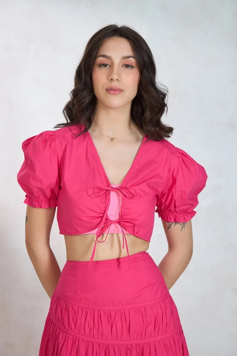 Virgio VIRGIO 100% Cotton Tieup Crop Top With Puff Sleeves