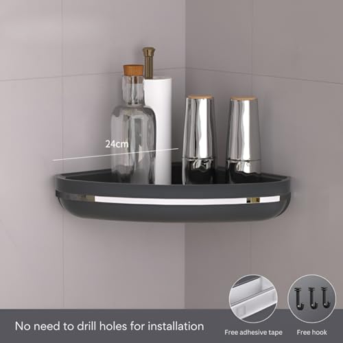 HoopVool Plastic Bathroom Shelf Organizer,Self Adhesive No Drill Shower Shelf Easy Installation, Wall Mounted Shelf, with Towel Napkin Holder with Hook,Used for Bathroom and Kitchen (Corner, Black) - Image 2
