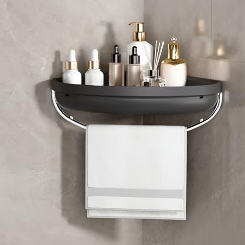 HoopVool Plastic Bathroom Shelf Organizer,Self Adhesive No Drill Shower Shelf Easy Installation, Wall Mounted Shelf, with Towel Napkin Holder with Hook,Used for Bathroom and Kitchen (Corner, Black) - Image 3