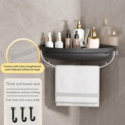 HoopVool Plastic Bathroom Shelf Organizer,Self Adhesive No Drill Shower Shelf Easy Installation, Wall Mounted Shelf, with Towel Napkin Holder with Hook,Used for Bathroom and Kitchen (Corner, Black) - Image 4