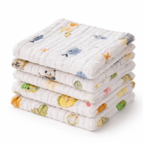 Firstblow Muslin 6 Layer 100% Organic Bamboo Cotton Face Towels for Newborn Baby Extra Soft Hankies Reusable Napkins for Infants Toddlers/Kids Random Print (Pack of 5) - Image 1