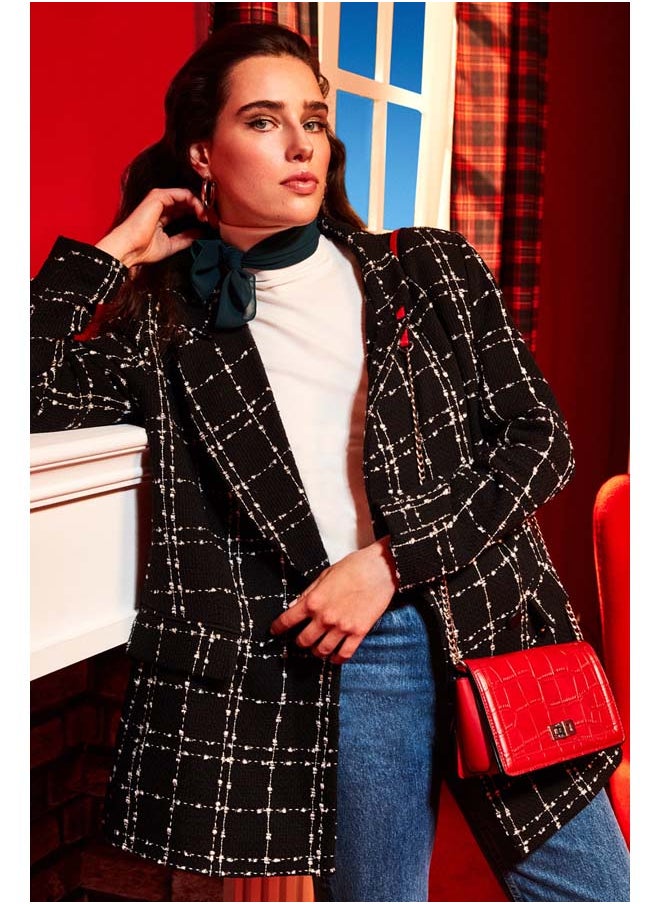 trendyol - Black Tweed Regular Woven Plaid Blazer Jacket TWOAW21CE0105 - Image 1